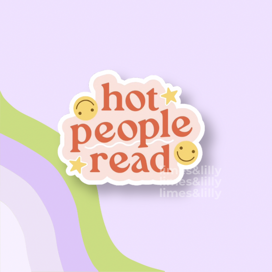 Sticker with 'hot people read' text on a light purple background