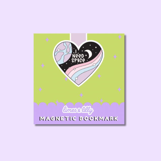 A square decorative magnetic bookmark card with pastel colors, featuring a heart-shaped space design with the words 'Need Space' and the brand name 'limes & lily' printed at the bottom.