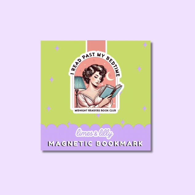 A square magnetic bookmark for the book 'I Read Past My Bedtime' by Limes & Lily, featuring a retro-style illustration of a woman reading under a crescent moon. The bookmark has a lime green top section, a lavender bottom section, and a pink vertical stripe behind the central illustration.