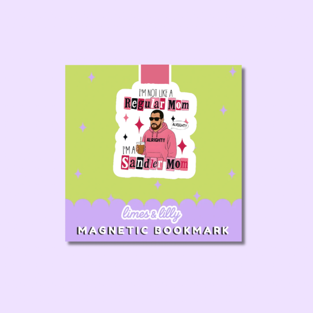 Magnetic bookmark with colorful design on a light purple background
