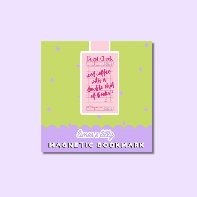 A lime green and lavender magnetic bookmark card with a pink central label that reads 'Guest Check and coffee with a double shot of books!' on a light purple background.