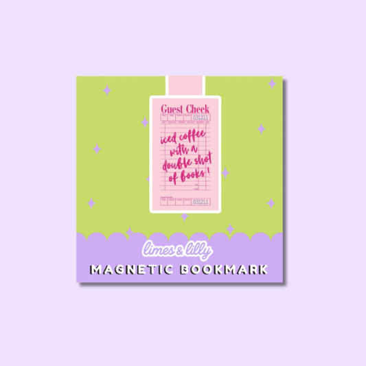 A lime green and lavender magnetic bookmark card with a pink central label that reads 'Guest Check and coffee with a double shot of books!' on a light purple background.