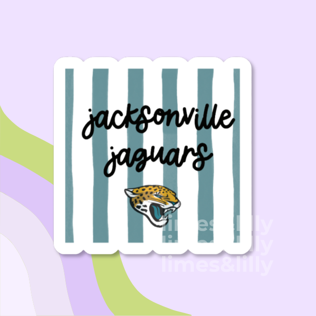 A die-cut sticker featuring the Jacksonville Jaguars logo and team name, displayed on a light purple background with abstract pastel shapes.
