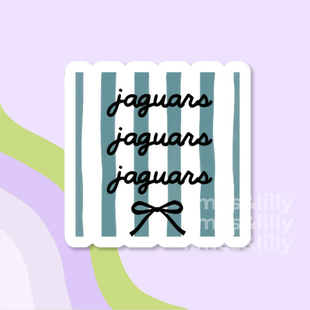 A die-cut sticker with a white border featuring vertical teal stripes and the word 'jaguars' repeated in black script, with a small black bow illustration near the bottom, shown on a pastel lavender background with abstract green and purple shapes.