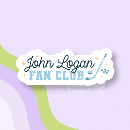 Sticker with 'John Logan Fan Club #22' text on a light purple background