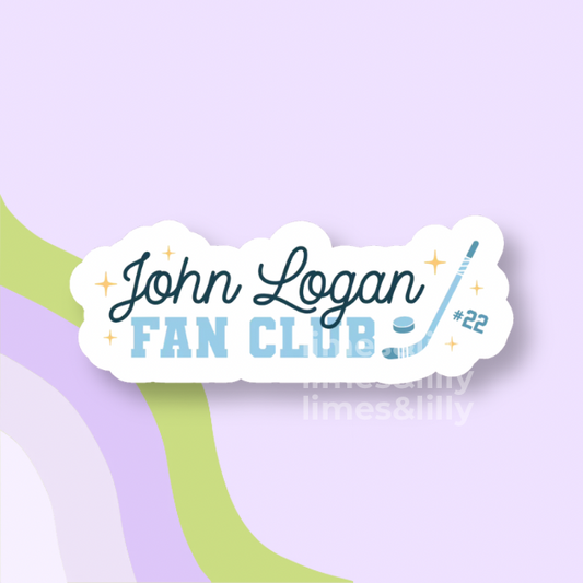 Sticker with 'John Logan Fan Club #22' text on a light purple background