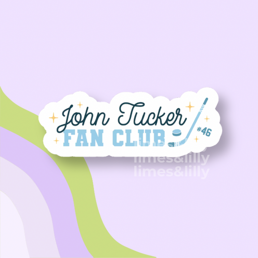 Sticker with 'John Tucker Fan Club' text on a light purple background
