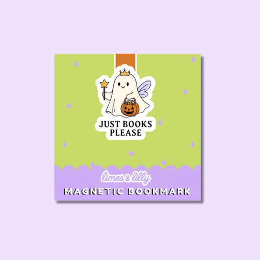 A square magnetic bookmark with a Halloween-themed design, featuring a cartoon ghost fairy holding a pumpkin, with the text 'JUST BOOKS PLEASE' and the brand name 'limes & lily' on a light purple background.