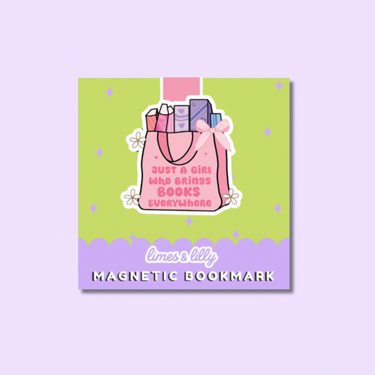 A square magnetic bookmark card featuring a pink shopping bag filled with books and the phrase 'Just a girl who brings books everywhere' on a lime green background, with a lavender bottom band reading 'limes & lily MAGNETIC BOOKMARK'.