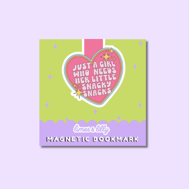 Magnetic bookmark with heart design and text on a purple background