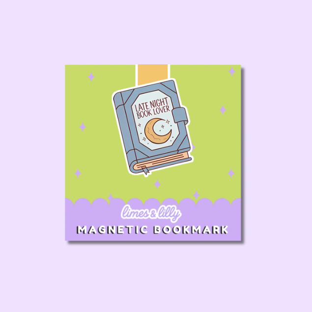 A square product card showing a cute illustrated magnetic bookmark. The design features a light blue book with a crescent moon and stars on the cover, reading 'I LATE NIGHT BOOK LOVER', set against a lime green background with lavender stars, and a lavender bottom banner with the text 'limes & lily MAGNETIC BOOKMARK'.