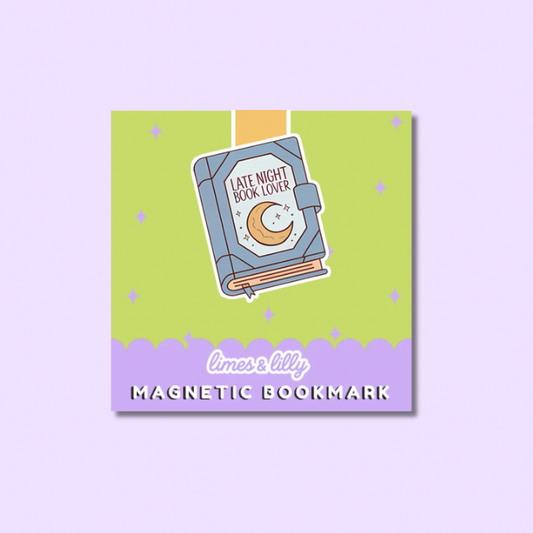 A square product card showing a cute illustrated magnetic bookmark. The design features a light blue book with a crescent moon and stars on the cover, reading 'I LATE NIGHT BOOK LOVER', set against a lime green background with lavender stars, and a lavender bottom banner with the text 'limes & lily MAGNETIC BOOKMARK'.