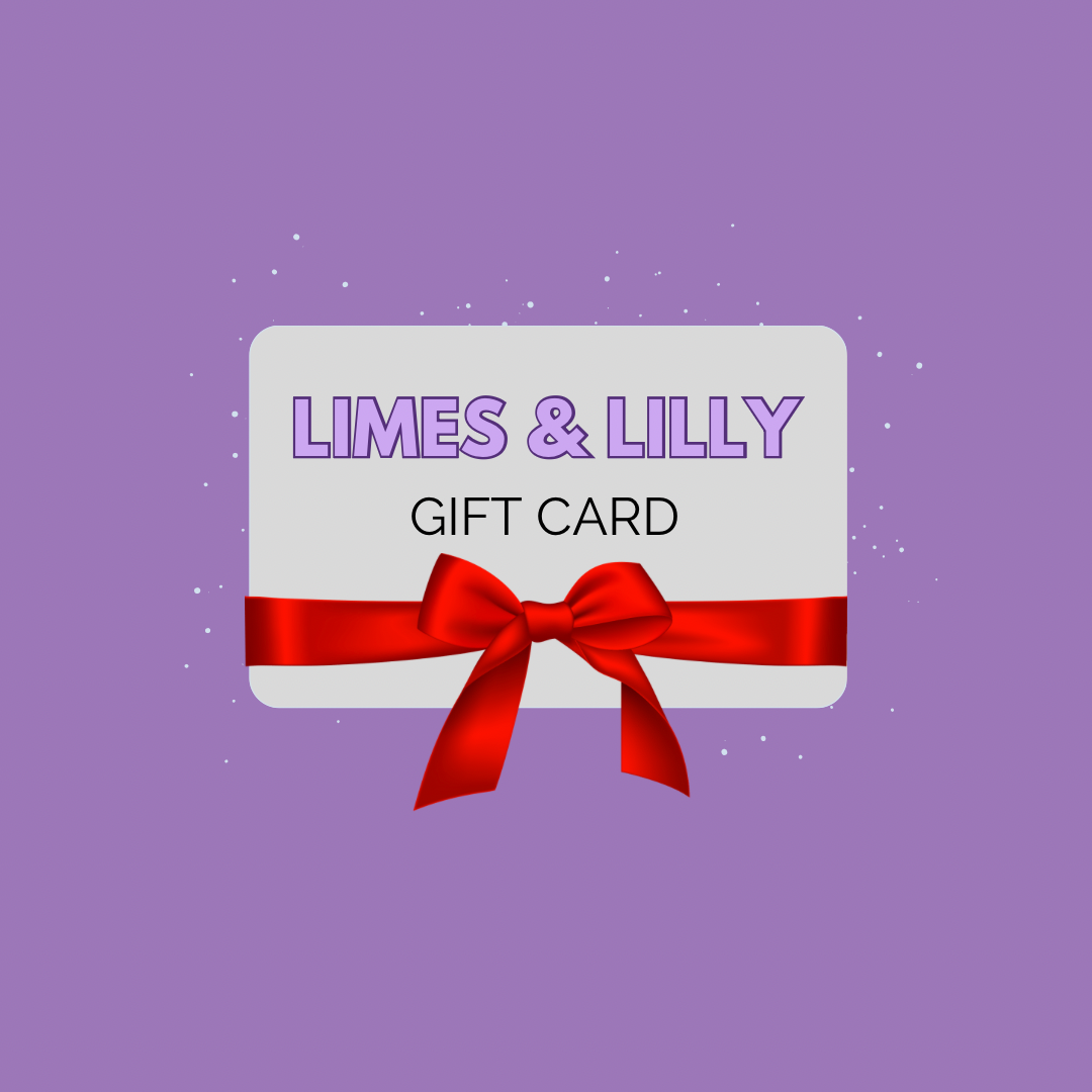 Limes & Lilly gift card with a red ribbon on a purple background