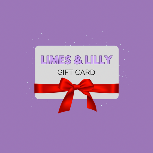 Limes & Lilly gift card with a red ribbon on a purple background