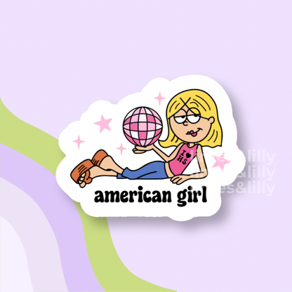 Sticker of Lizzie holding a pink globe with 'American Girl' text on a light purple background