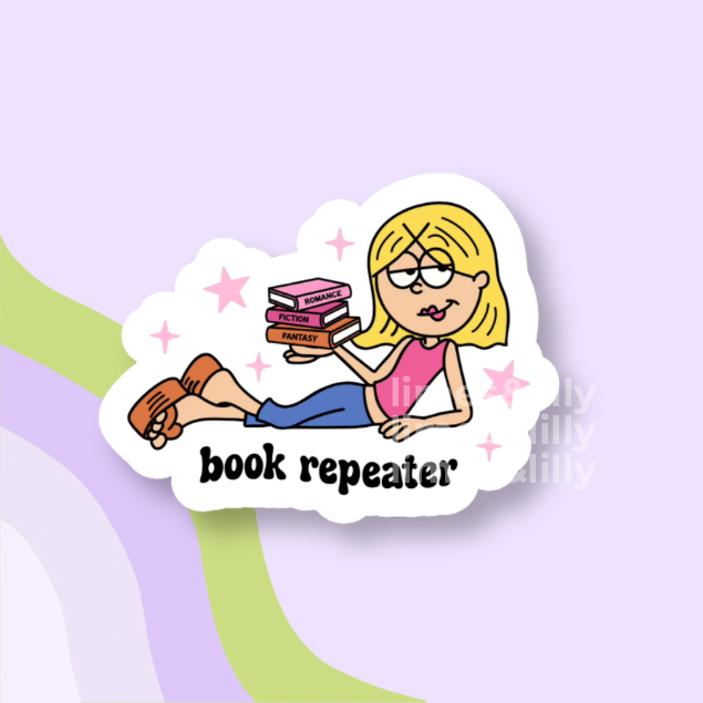 Cartoon sticker of Lizzie holding books with 'book repeater' text on a light purple background