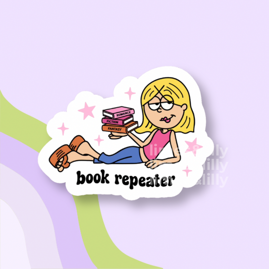 Cartoon sticker of Lizzie holding books with 'book repeater' text on a light purple background