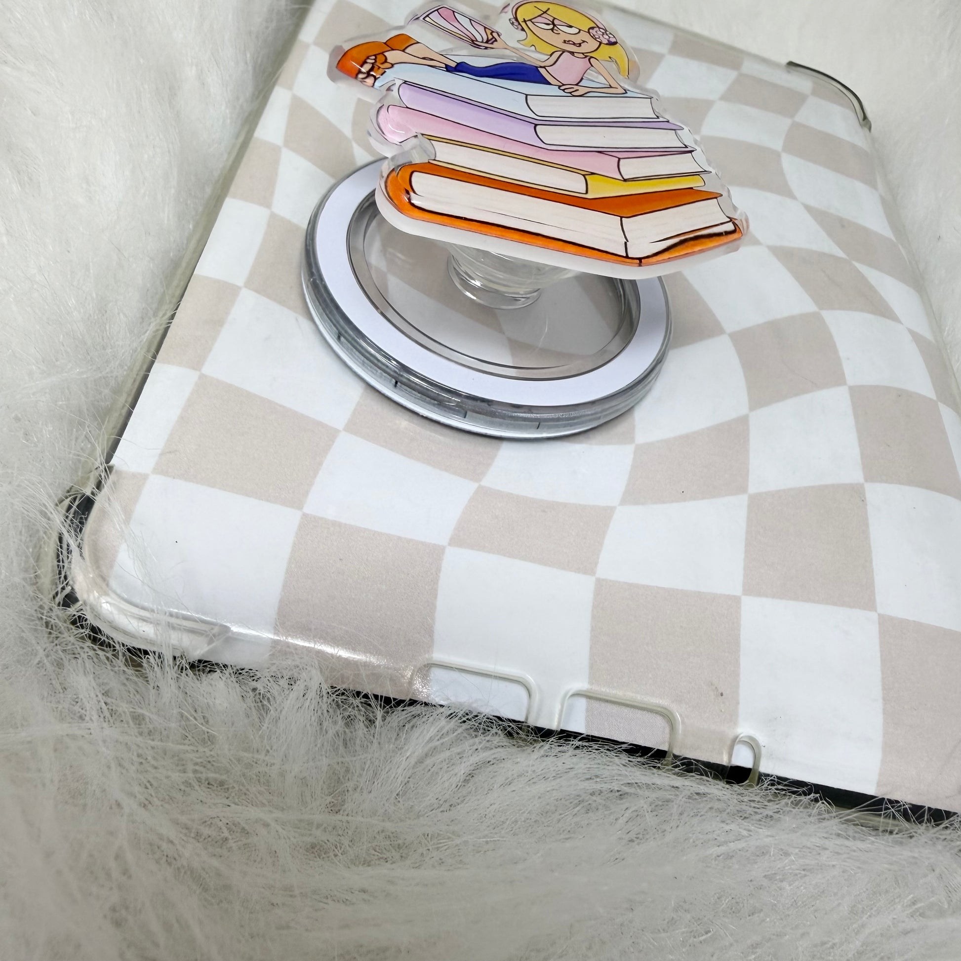 Phone case with cartoon design on a checkered background