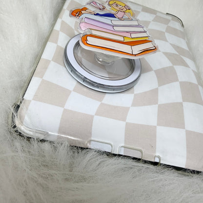 Phone case with cartoon design on a checkered background