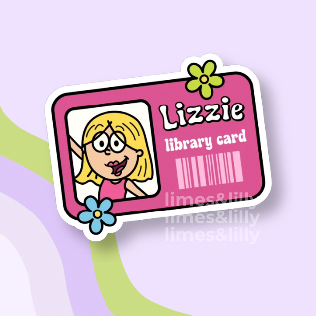 Pink library card with cartoon character and flowers on a light purple background