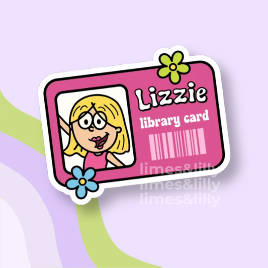 Pink library card with cartoon character and flowers on a light purple background