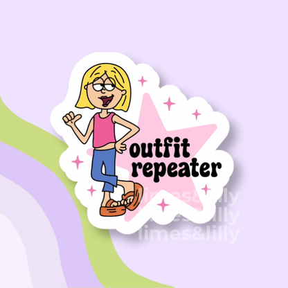 Cartoon character with 'outfit repeater' text on a star-shaped background