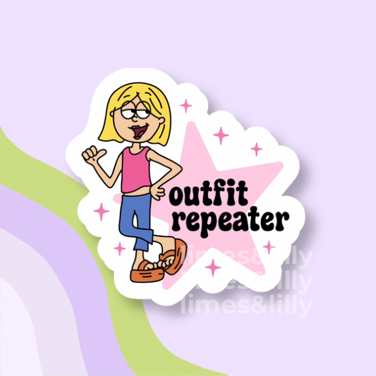 Cartoon character with 'outfit repeater' text on a star-shaped background