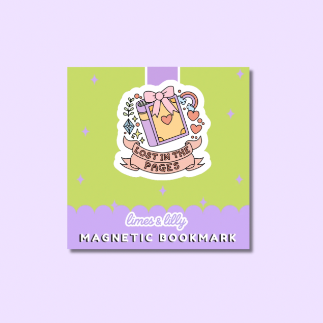 A square product card displaying a cute illustrated magnetic bookmark design. The design features a lavender book with a pink bow, hearts, stars, and a ribbon banner reading 'COST IN THE PAGES'.