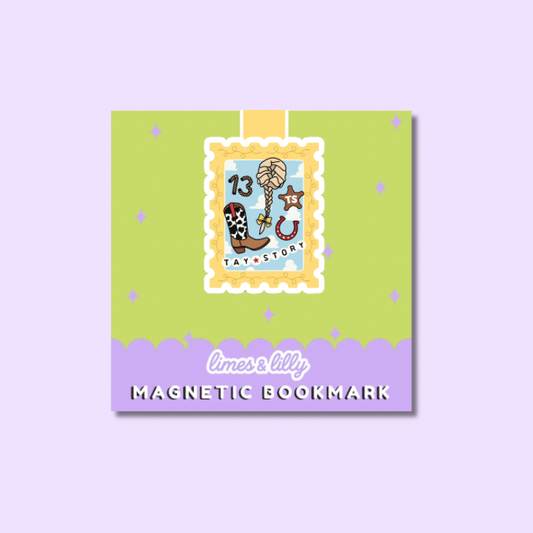Magnetic bookmark with a colorful design on a light purple background