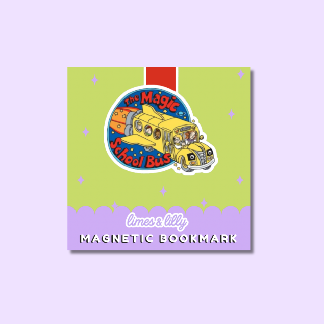 A square product card for a magnetic bookmark featuring a colorful illustration of a yellow school bus with cartoon characters inside a circular logo that reads 'The Magic School Bus.' The card has a light green upper section with small star accents, a lavender lower section, and a red tab at the top.
