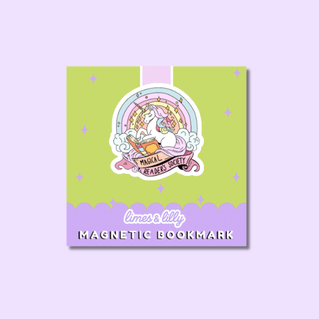 A square product card for a magnetic bookmark featuring a pastel illustration of a unicorn reading under a rainbow, with the text 'MAGNETIC BOOKMARK' and 'limes & lily' on a light lavender background.