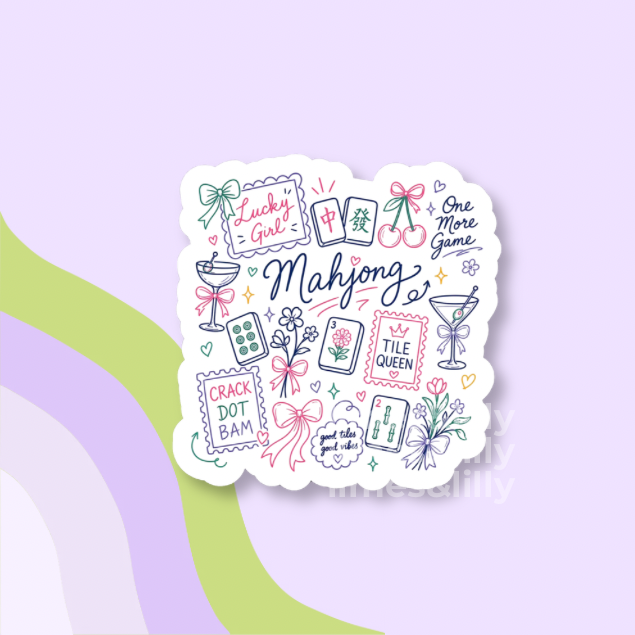 Decorative sticker with various phrases and icons on a light purple background