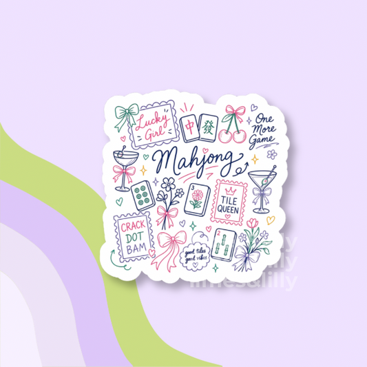 Decorative sticker with various phrases and icons on a light purple background