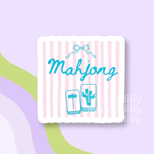 Card with 'Mahjong' text and tile icons on a pink and white striped background