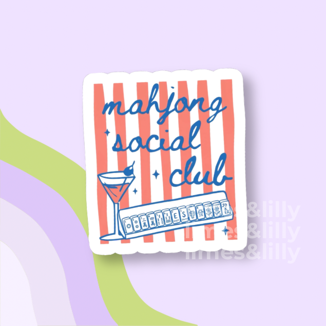 Sticker with 'mahjong social club' text on a striped background