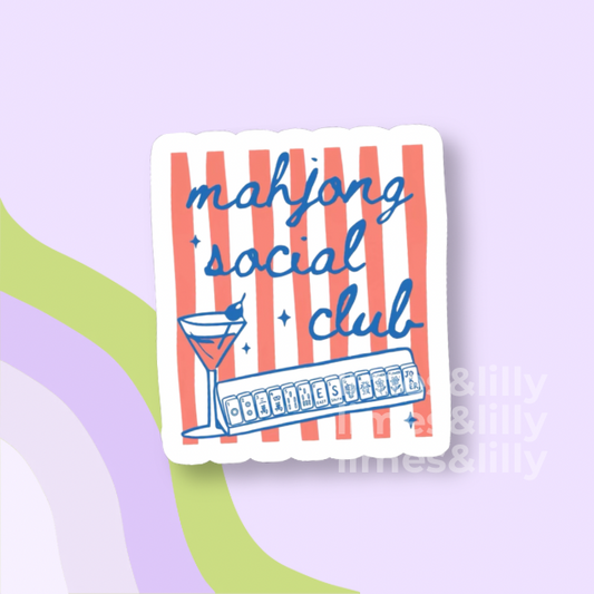 Sticker with 'mahjong social club' text on a striped background