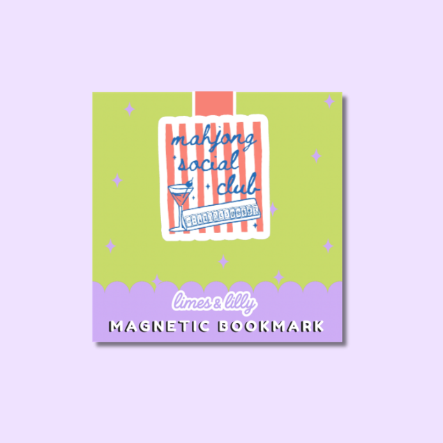 A square magnetic bookmark card shown on a light lavender background. The card features a lime green upper section with a red-and-white striped central panel, blue script text reading 'mahjong social club', a cocktail illustration, and a lavender scalloped band at the bottom with white text reading 'limes & lily' and 'MAGNETIC BOOKMARK'.