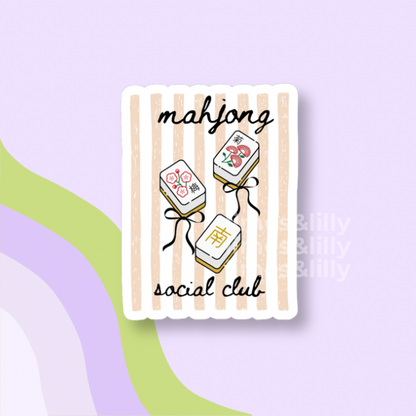 Card with mahjong design and 'mahjong social club' text on a light purple background