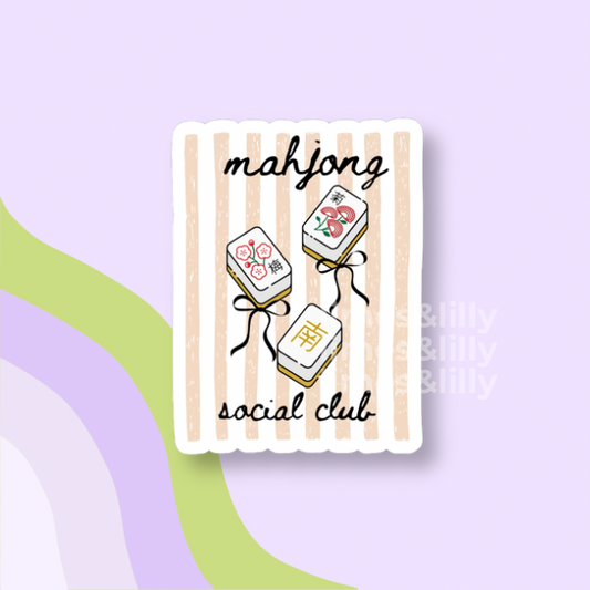Card with mahjong design and 'mahjong social club' text on a light purple background