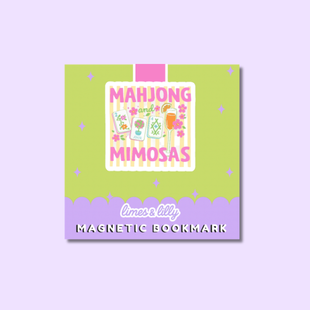 A square decorative magnetic bookmark card with a lime green and lavender design, featuring the text 'MAHJONG MIMOSAS' and 'limes & lily MAGNETIC BOOKMARK' on a light purple background.