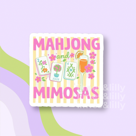 Sticker with 'Mahjong and Mimosas' text and icons on a colorful background