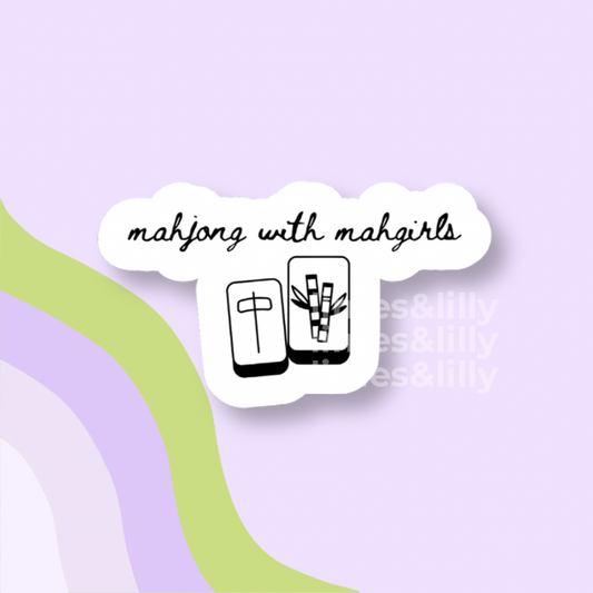 Sticker with 'mahjong with mahgirls' text and two icons on a light purple background
