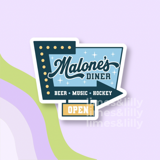 Sticker of Malone's Diner with 'Open' sign on a light purple background