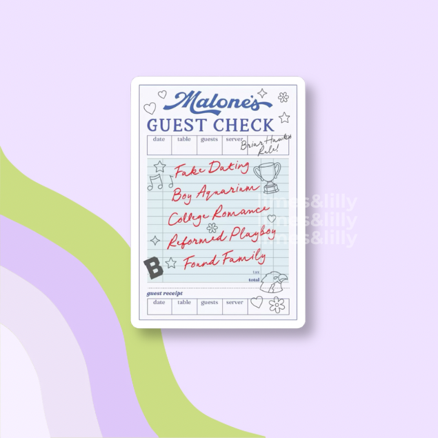 Malone's Guest Check on a light purple background