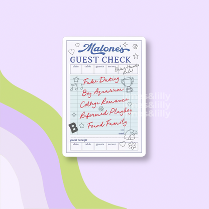 Malone's Guest Check on a light purple background