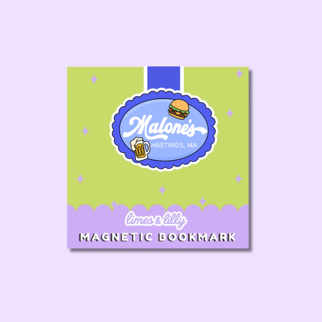 Magnetic bookmark with 'Malone's' logo on a purple background