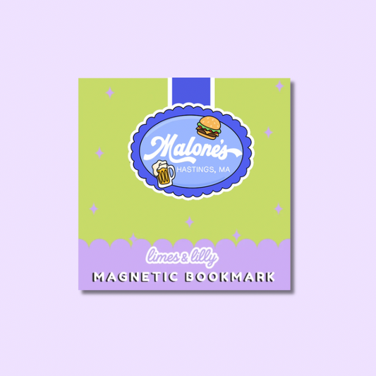 Magnetic bookmark with 'Malone's' logo on a purple background