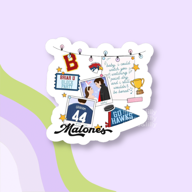 Sticker with various off campus graphics and text on a light purple background