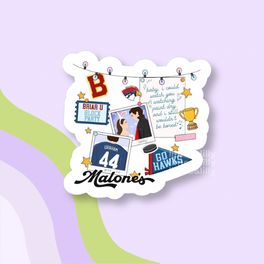 Sticker with various off campus graphics and text on a light purple background