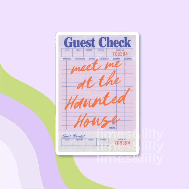 A guest check receipt card with blue printed fields, red transaction numbers, and orange script text reading 'meet me at the Haunted House,' shown on a pastel lavender background with abstract green and lavender curved shapes.